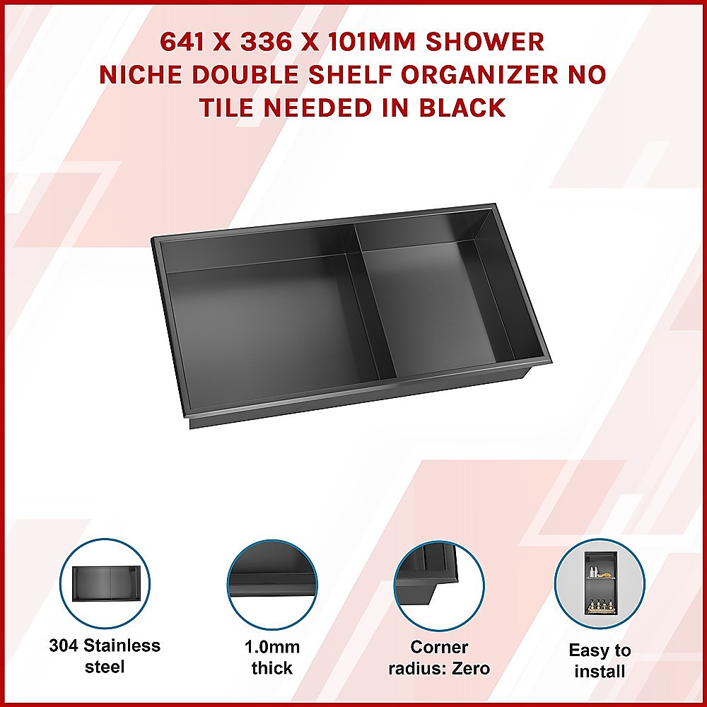 Shower Niche Double Shelf Organizer No Tile Needed in Black 641 x 336 x 101mm — image 3