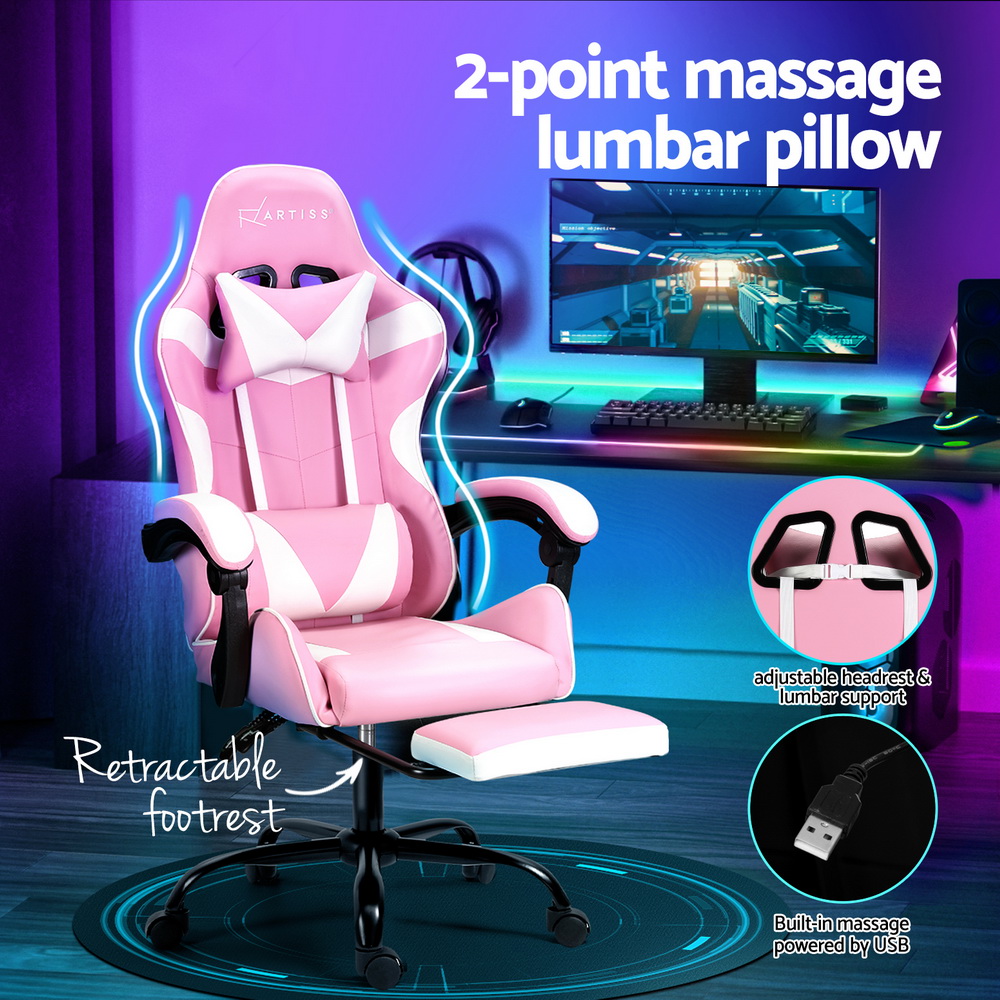 Artiss 2 Point Massage Gaming Office Chair Footrest Pink โ image 4