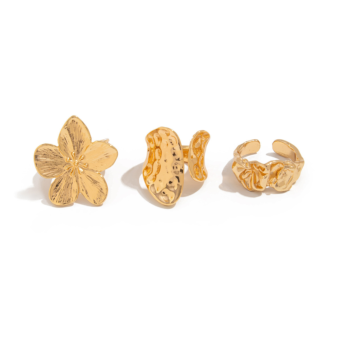 3-Piece Molten Gold Tone Ring Set - Vintage Baroque Flower & Abstract Liquid Metal Design - Adjustable Open Cuff Stackable Jewelry for Women โ image 4