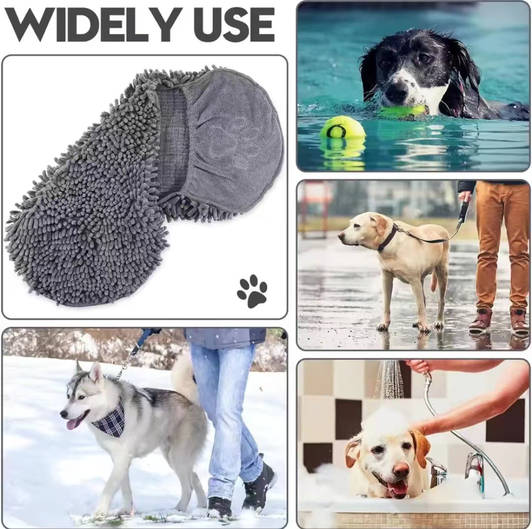 Grey Super Absorbent Pet Bath Towel with Hand Pockets Quick Dry Chenille Microfibre for Dogs and Cats Large Size 62cm โ image 4