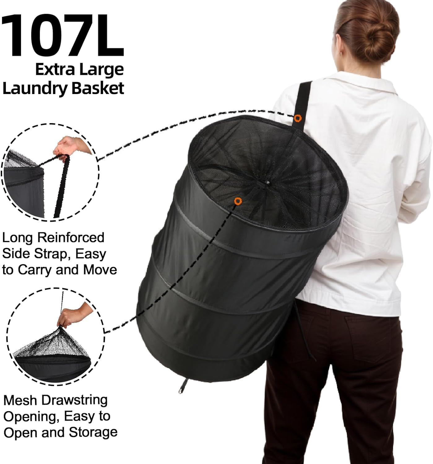 Extra Large 107L Strong Laundry Hamper 17.5" x 27" Collapsible Laundry Baskets with Long Straps Drawstring Barrel Foldable Hamper for Laundry Room, Bathroom โ image 3