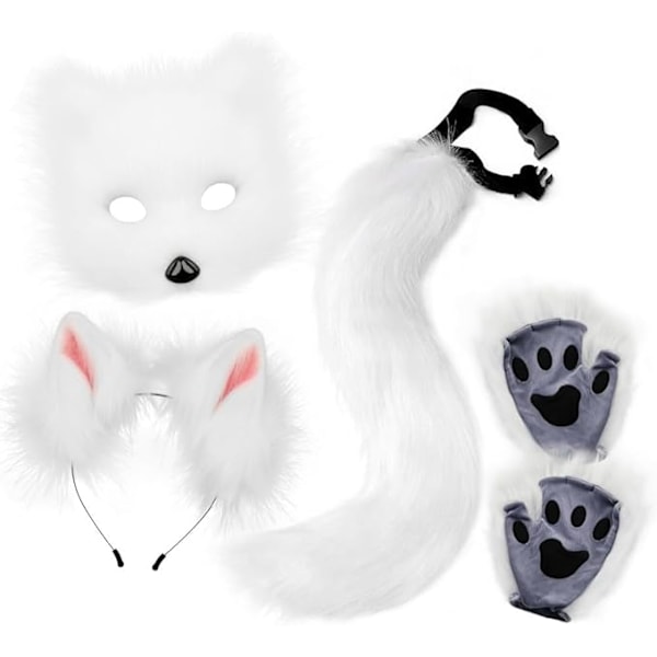 Plush mask with fox tail and ears set, cat tail fox costume cosplay costume with cat ears and paw gloves halloween cosplay white