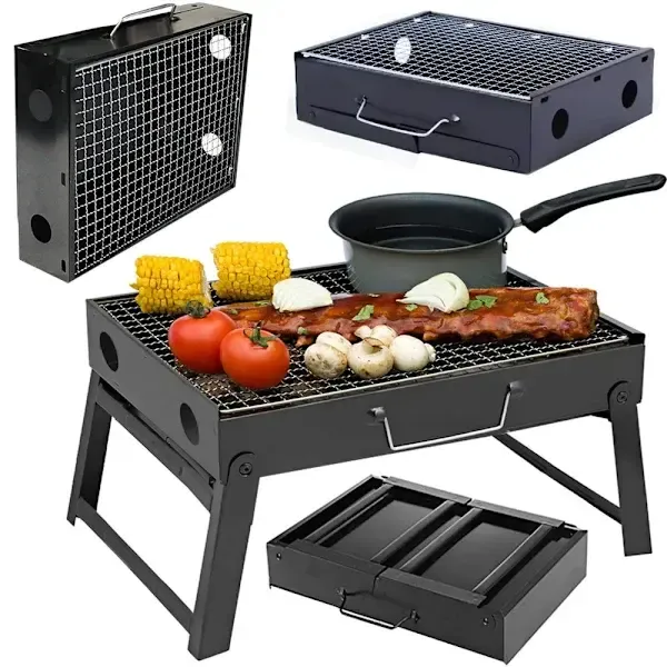 1 Piece Foldable Charcoal Grill with Carry Case, Heat-Resistant Portable BBQ for Camping, Hiking and Garden Use, Black, 35 cm