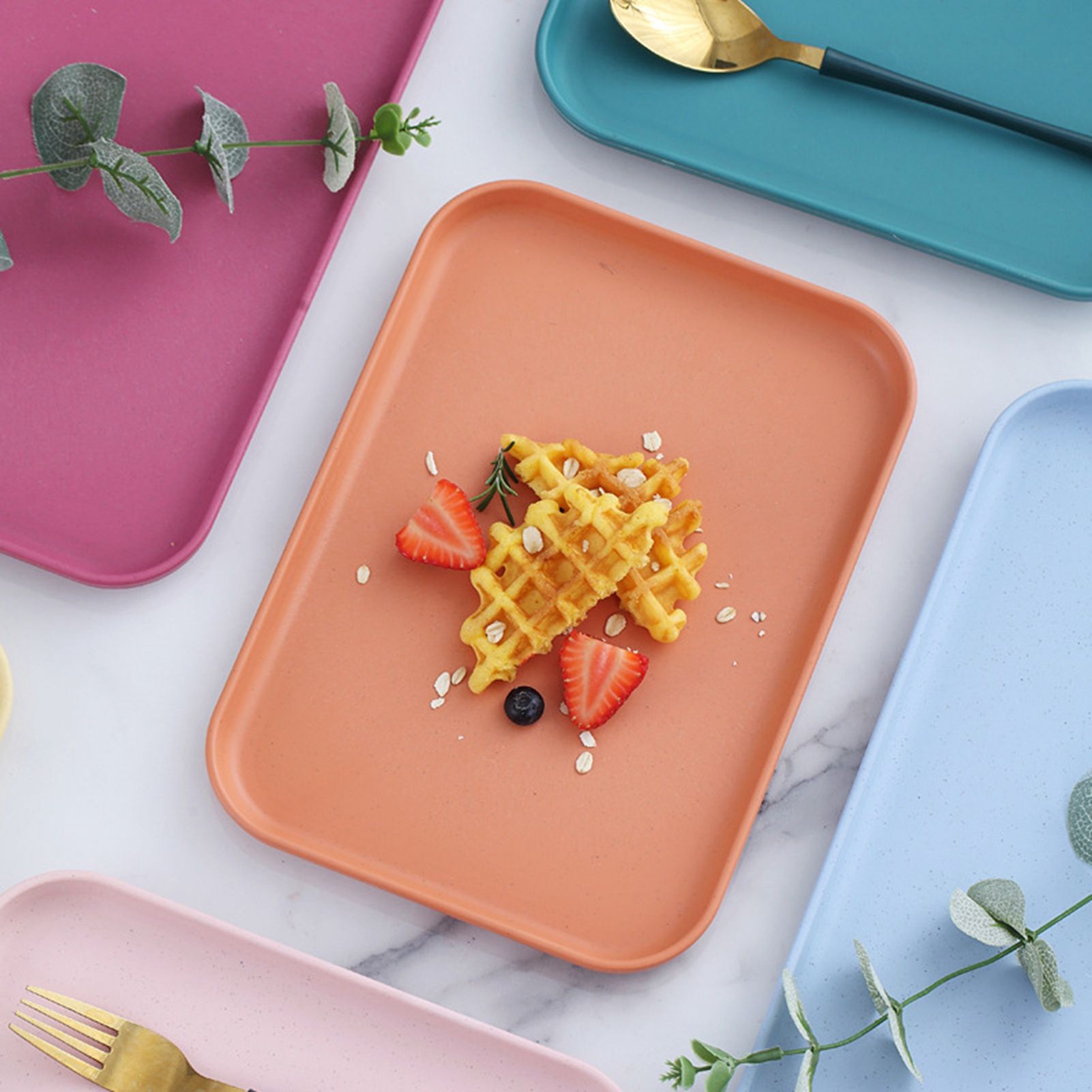 Kitchen Serving Tray Wheat Straw Rectangular Nordic Style Cupcake Fruit Snack Tea Tray for Home Office Restaurant Light Blue S (Approx. 25x17cm / 9.8x6.7in) โ image 6