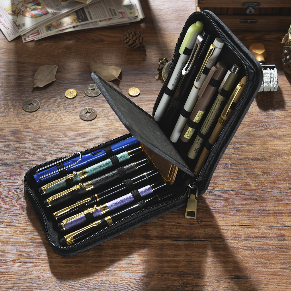 Black 12-Slot Genuine Crazy Horse Leather Fountain Pen Case - Handcrafted Large Capacity Zippered Pen Organizer & Stationery Pouch — image 3