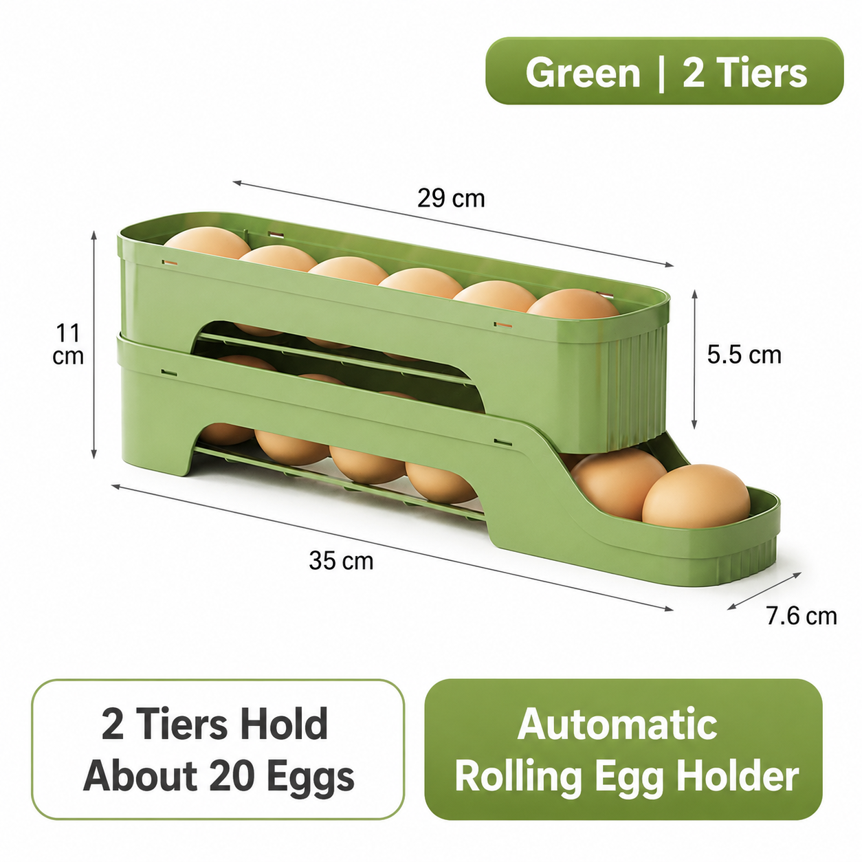 2-Tier Green Rolling Egg Storage Box - Grade PP Plastic - Automatic Dispensing, Space Saving Fridge Organizer, Detachable Design for Kitchen and