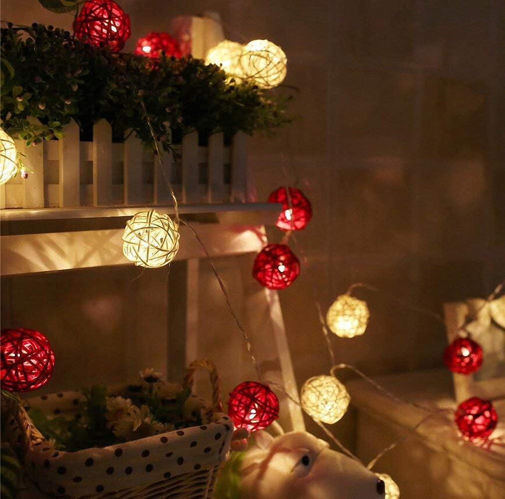 1 Set of Red and White5cm Rattan Cane 20 Ball Battery Powered 3m String Lights Christmas Gift Home Wedding Party Bedroom Decoration Table Centrepiece โ image 2