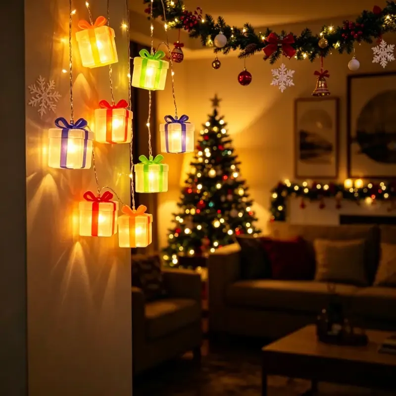150cm/10-Light Three-Color Gift Box Shaped LED String Light, Battery Box Constant-On Mode, Cozy Home Ambiance Light — image 5