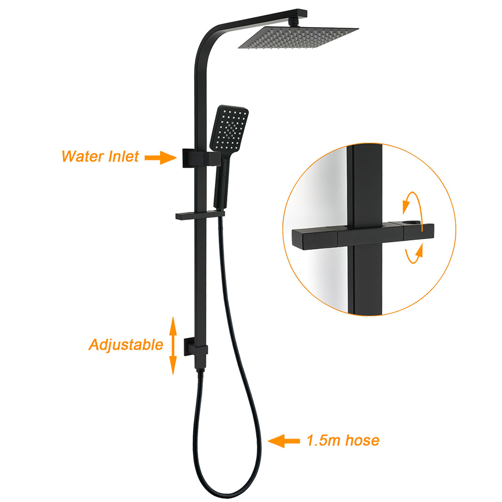 Matt Black Square Twin Shower Set 8" Rain Head 3 Modes Handheld Silde Rail Arm + Mixer โ image 2