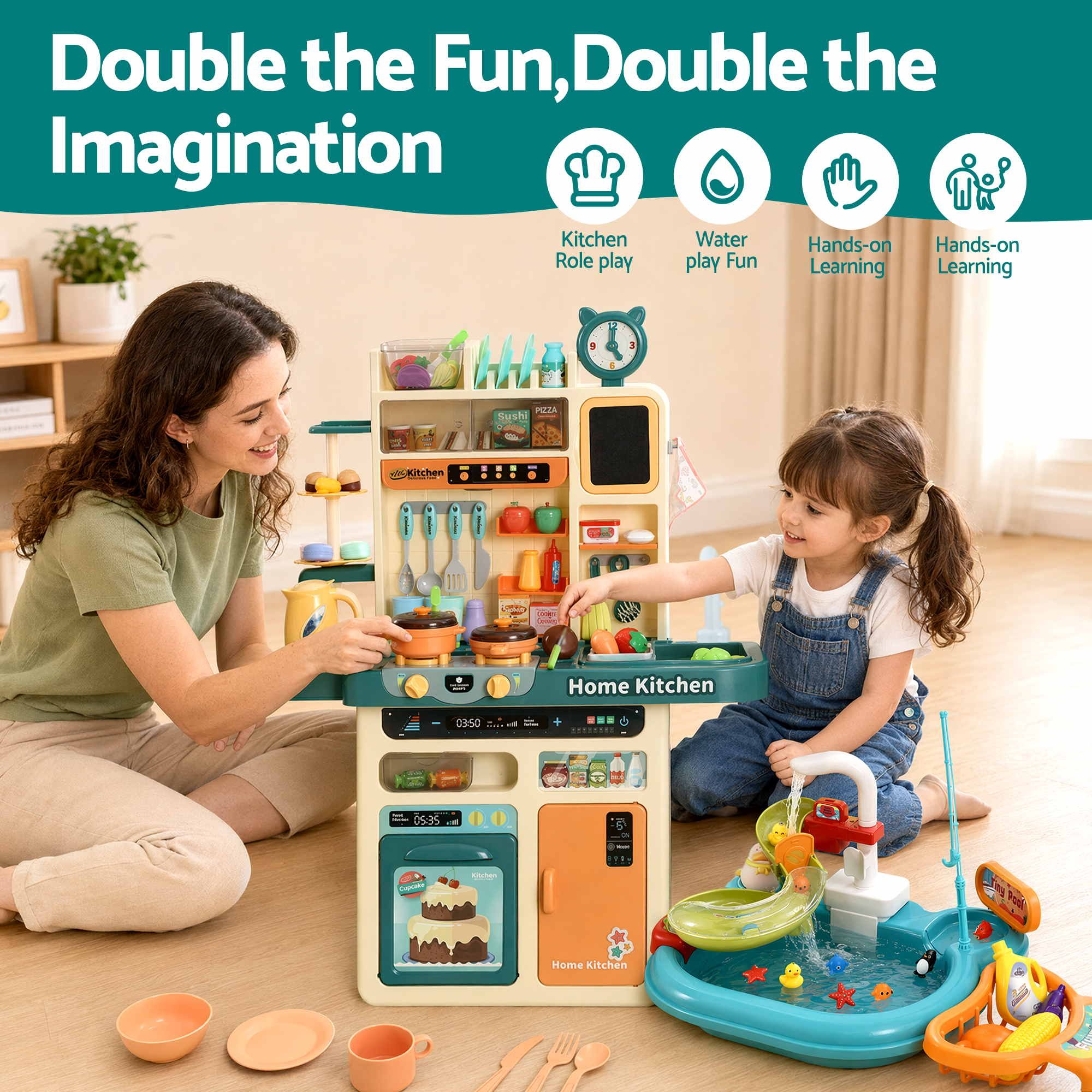 Keezi 2 Piece Kids Pretend Kitchen Playset Water Toys Fishing Game Food Play — image 4