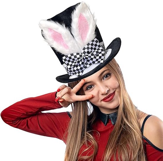 Easter Bunny Top Hat – White Rabbit & Black Plush Hat – Costume accessory for Easter, Halloween and theme parties — image 3