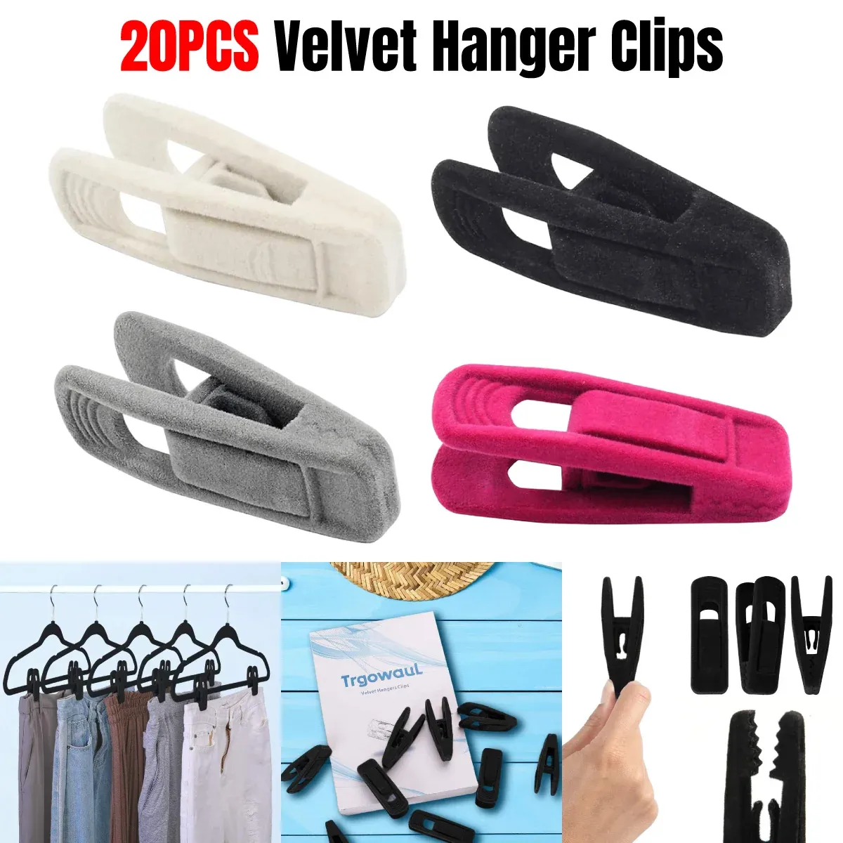 Clothes Drying Clips 20 Pack Velvet Flocking Trouser Pegs Hanger Grip Clamp Set - Rose Red β image 2