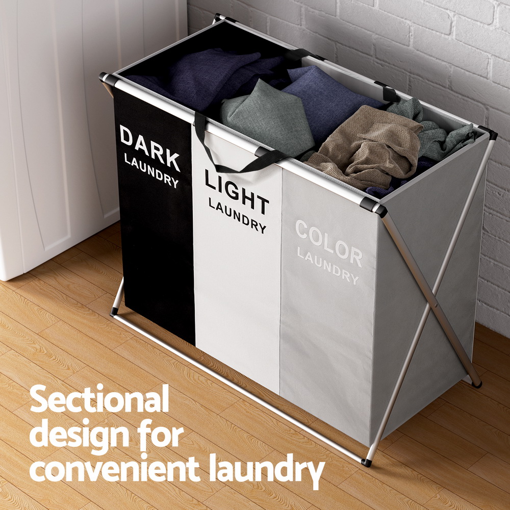 Artiss Laundry Basket Hamper Large Foldable Washing Clothes Storage 3 Sections — image 4