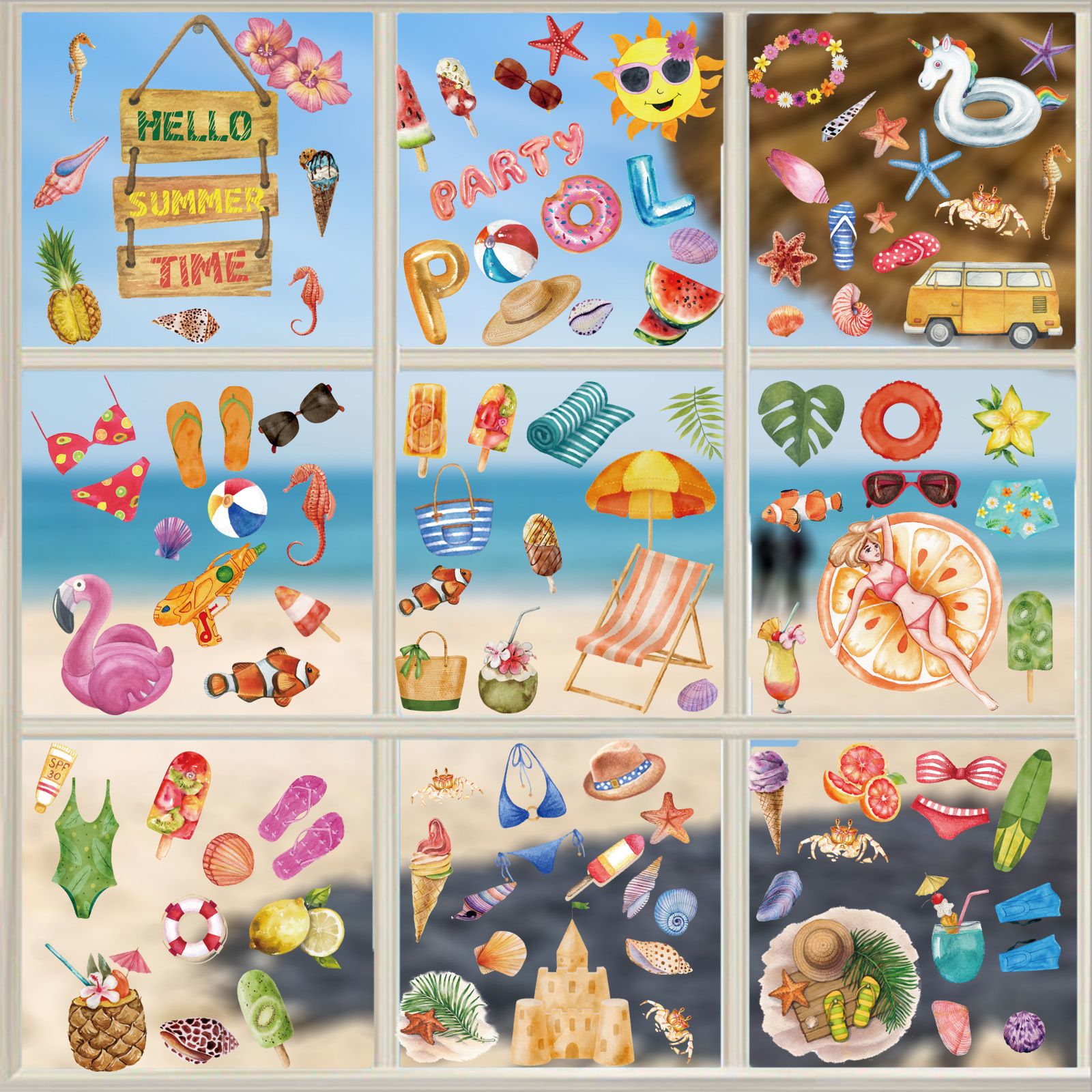 126 Pieces Summer Window Clings Stickers Hawaiian Window Decal with Sun Beach Drinks for Wall Glass Refrigerator Car ,8 Sheets — image 4