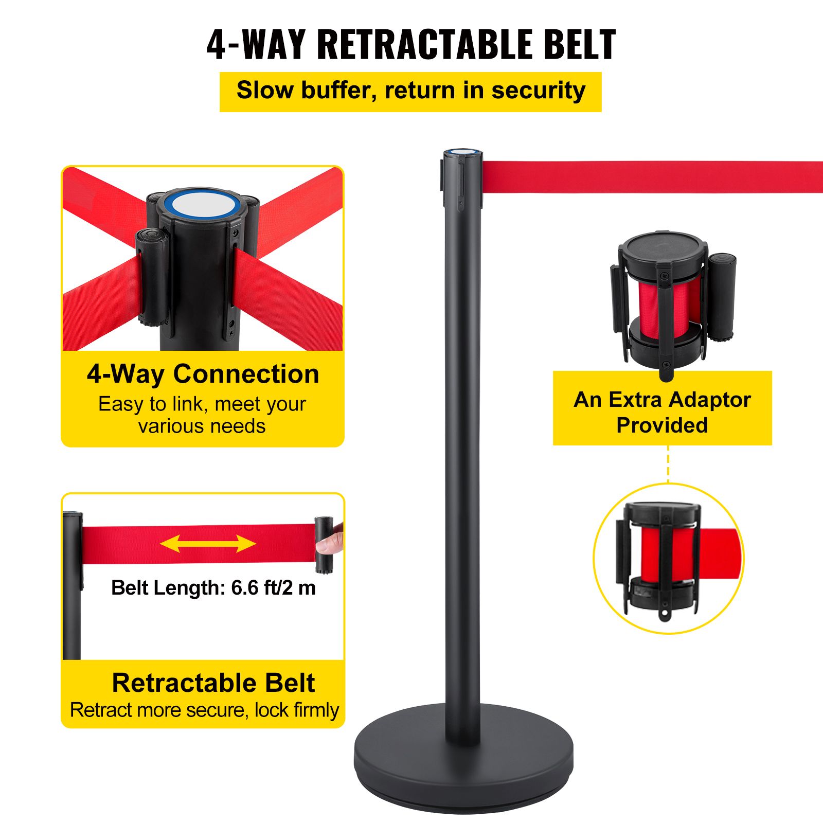 Crowd Control Stanchion, Set of 6 Pieces Stanchion Set, Stanchion Set with 6.6 ft/2 m Red Retractable Belt, Crowd Control Barrier with Rubber Base โ image 4