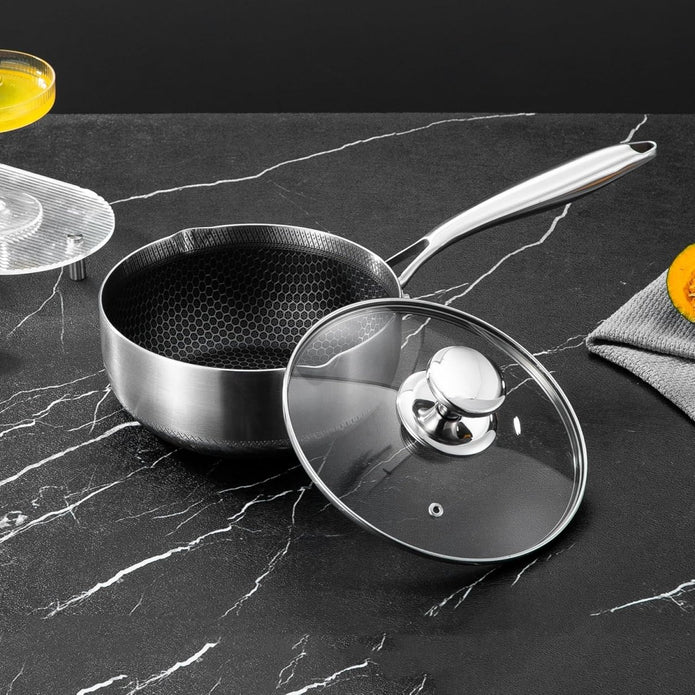 24cm 316L Stainless Steel Saucepan Compound Steel Honeycomb Nonstick Sauce Pan with Glass Lid 3.2L Pot Stay-Cool Handle Multipurpose Milk Saucepan, Induction — image 3