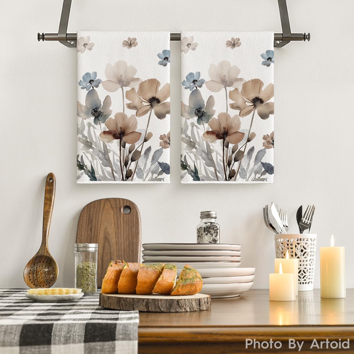 Brown Poppy Floral Leaves Spring Kitchen Towels Dish Towels, 18 × 26 Inch Seasonal Summer Decoration Hand Towels Set of 2 — image 2