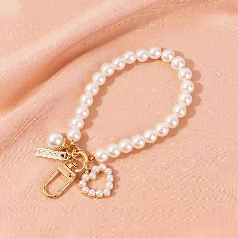 Pearl Beaded Bracelet / Keychain / Bag Charm with Elegant Pearl Heart Pendant and Gift Box - Multifunctional Pearl Wristlet Key Ring & Purse