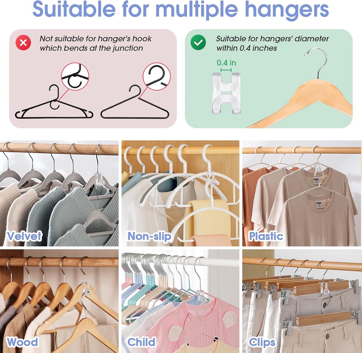 Hanger Hooks | Hooks - S-Hook Hangers - Transparent - 100 Pieces - Coat Hook - Space-Saving Hanger Connector Hooks - Plastic Hanger Connectors - Ideal for — image 4