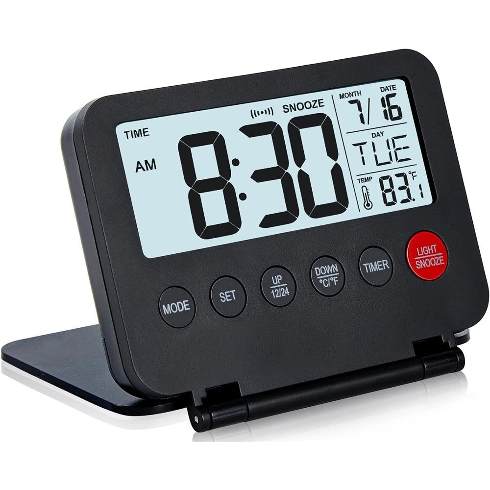Digital Travel Alarm Clock - LCD Display, Backlit desktop alarm clock, student folding mirror electronic clock, temperature display, snooze, portable — image 4