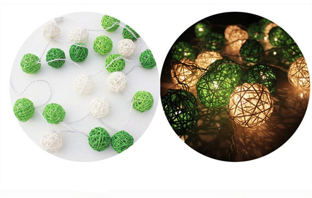 1 Set of Green n White 5cm Rattan Cane 50 Ball Battery Powered LONG 5m String Lights Christmas Gift Home Wedding Party Bedroom Decoration Table Centrepiece โ image 4