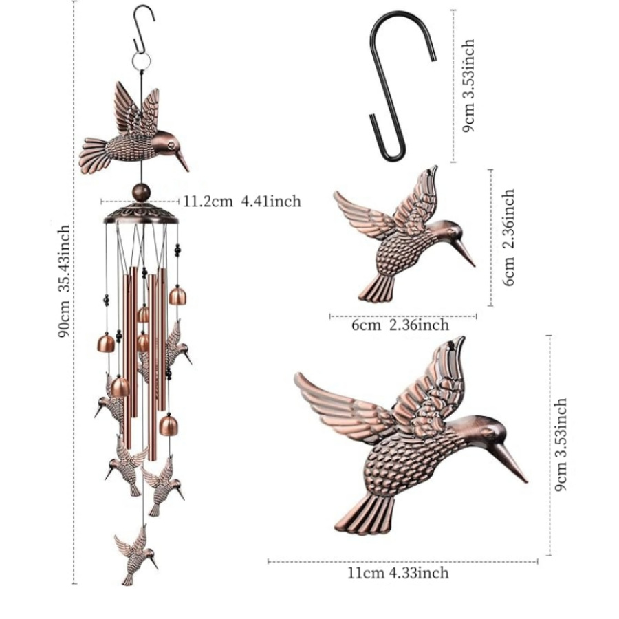 90cm Large Creative Hummingbirds Vintage Metal Tube Wind Chimes - Handcrafted Musical Hanging Decor for Garden and Home with Hanging Hook — image 2