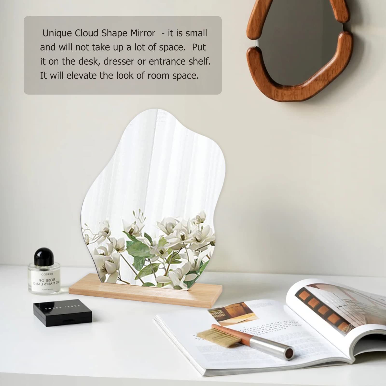 Irregular Aesthetic Vanity Mirror Frameless, Decorative Desk Tabletop Acrylic Mirrors with Wooden Stand - Cloud Shape โ image 4