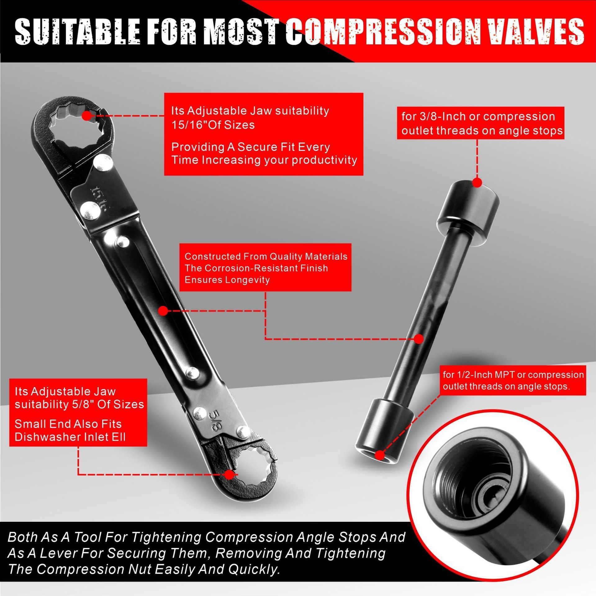 Plumbing Tools, Dual Wrench Kit,Angle Stop Wrench, Plumbing Wrench. Professional Plumbing Toolset For Easy Angle Stop — image 3