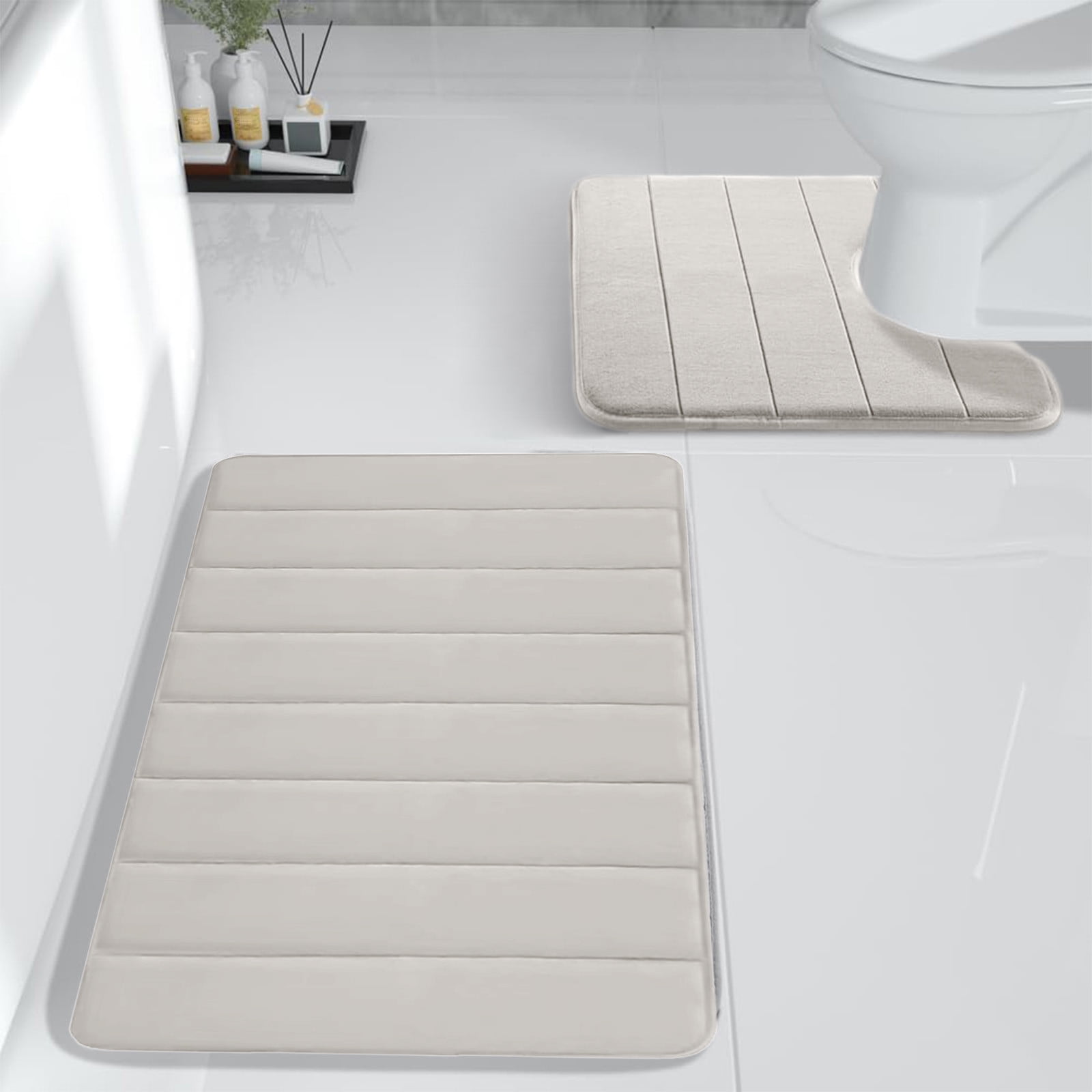 Memory Foam Toilet Rug, Non-Slip Bathroom Rugs, Toilet Rugs U Shaped Washable, Commode Contour Rug, Soft Comfortable Super Water Absorption #2_Beige β image 5