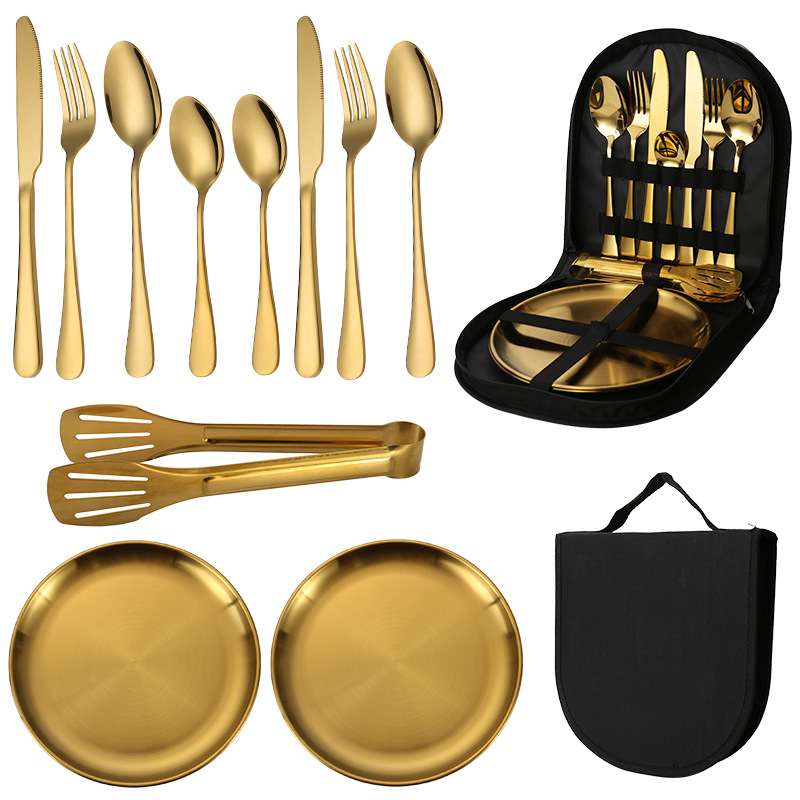 6-Piece Portable Stainless Steel Cutlery Set with Plate and Bag - Gold