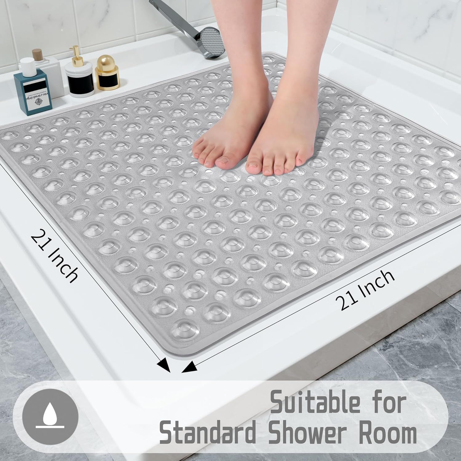 Square Non-Slip Shower Mat with Suction Cups and Drain Holes, Soft Machine-Washable Bathtub Mat for Shower Stalls, Clear Grey, 53.3 × 53 cm — image 5