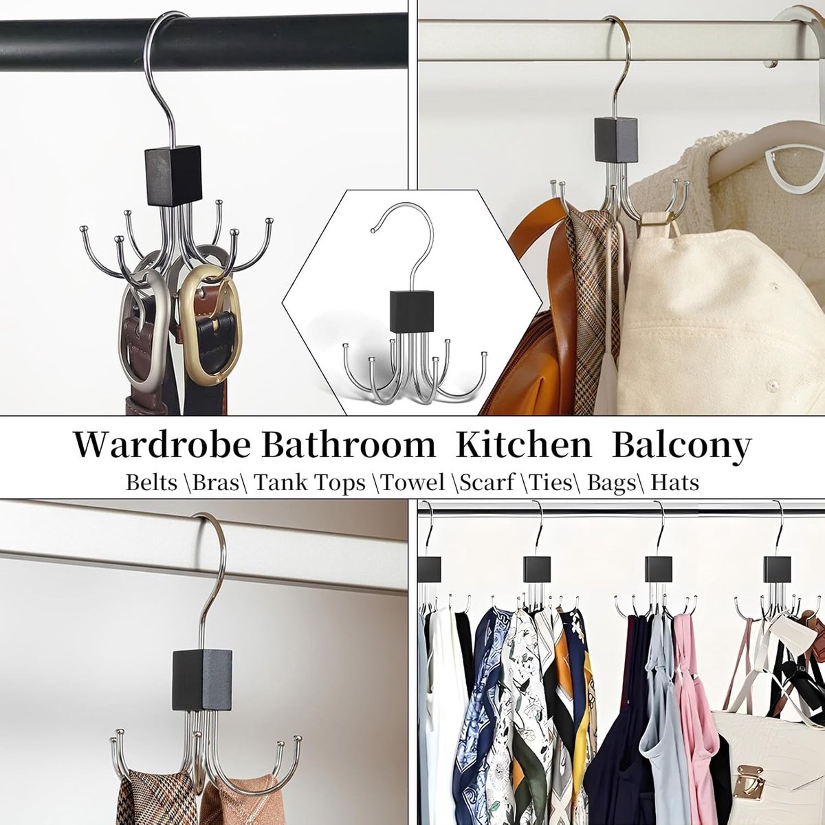 2 pieces - Belt Rack - Belt Organizer - Bra Hanger - Tank Top Hanger - Clothes Hangers - 360° Rotating Metal - Bra Organizer - Storage Rack - with 6 Hooks — image 3