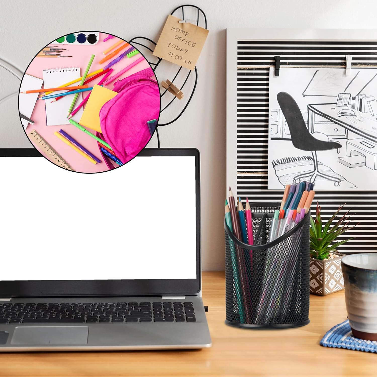 2 Pack Pen Holder Mesh Round Pencil Holder Desktop Organizer 3 Compartments, Black — image 5