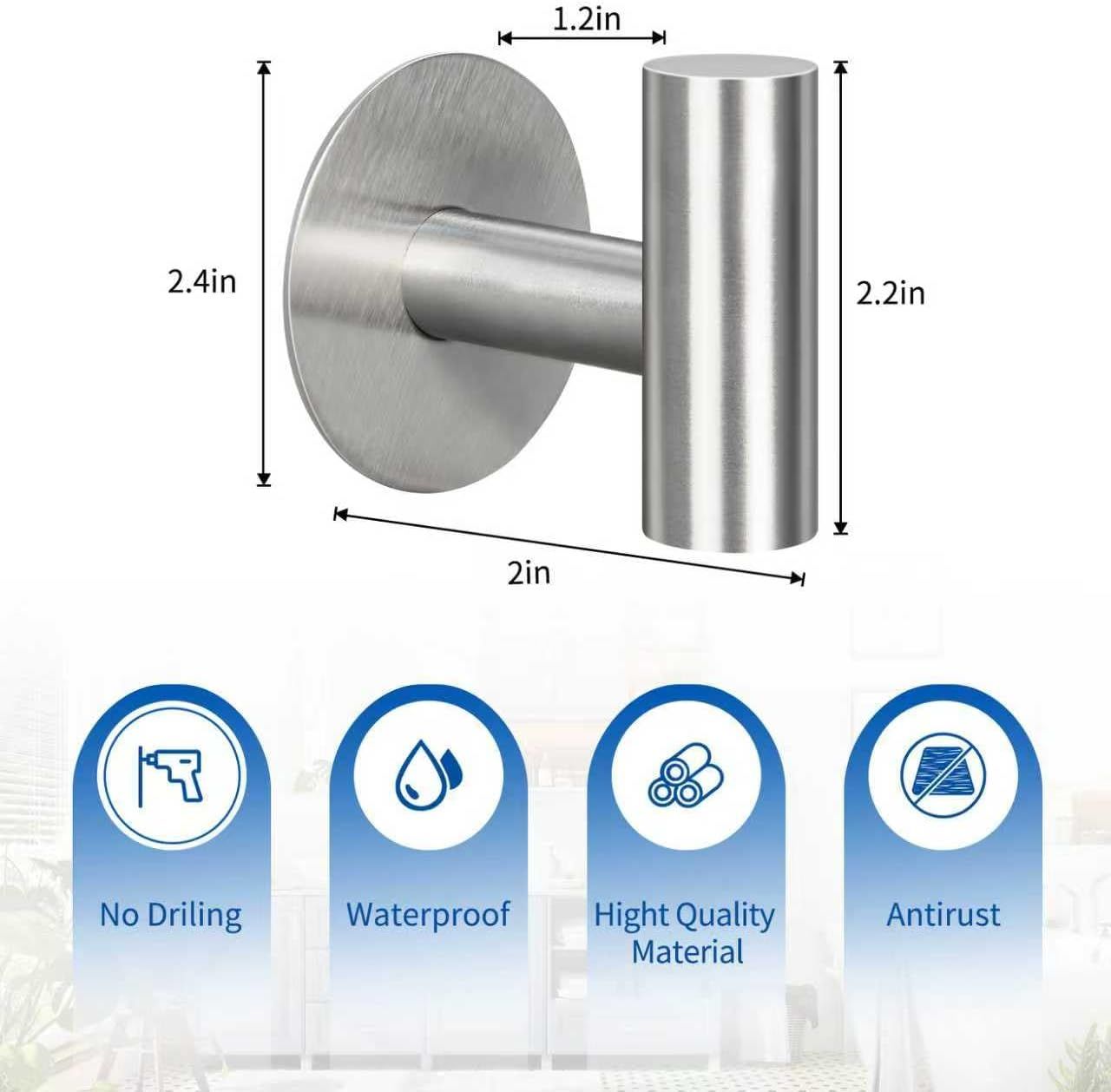 4 Pack Waterproof Adhesive Hooks, Heavy Duty Stainless Steel Wall Hooks for Bathrooms, Kitchens, Bedrooms and Hotels, Brushed Nickel — image 4