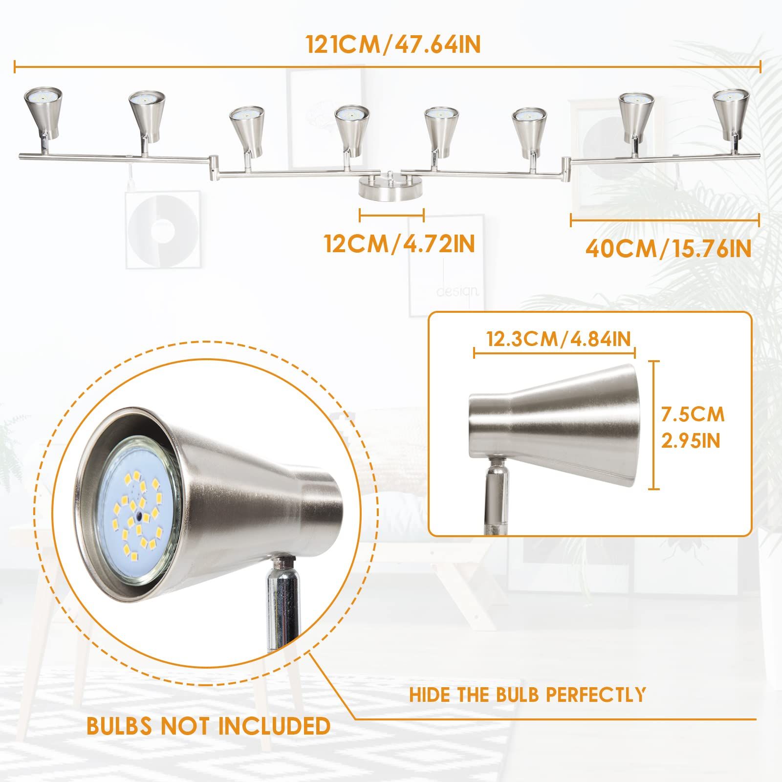 LED 8 Light Track Lighting Fixture Flexible, Adjustable Ceiling Spot Light with GU10 Track Light Head, Accent Lighting Foldable Swing Arm Brushed — image 2