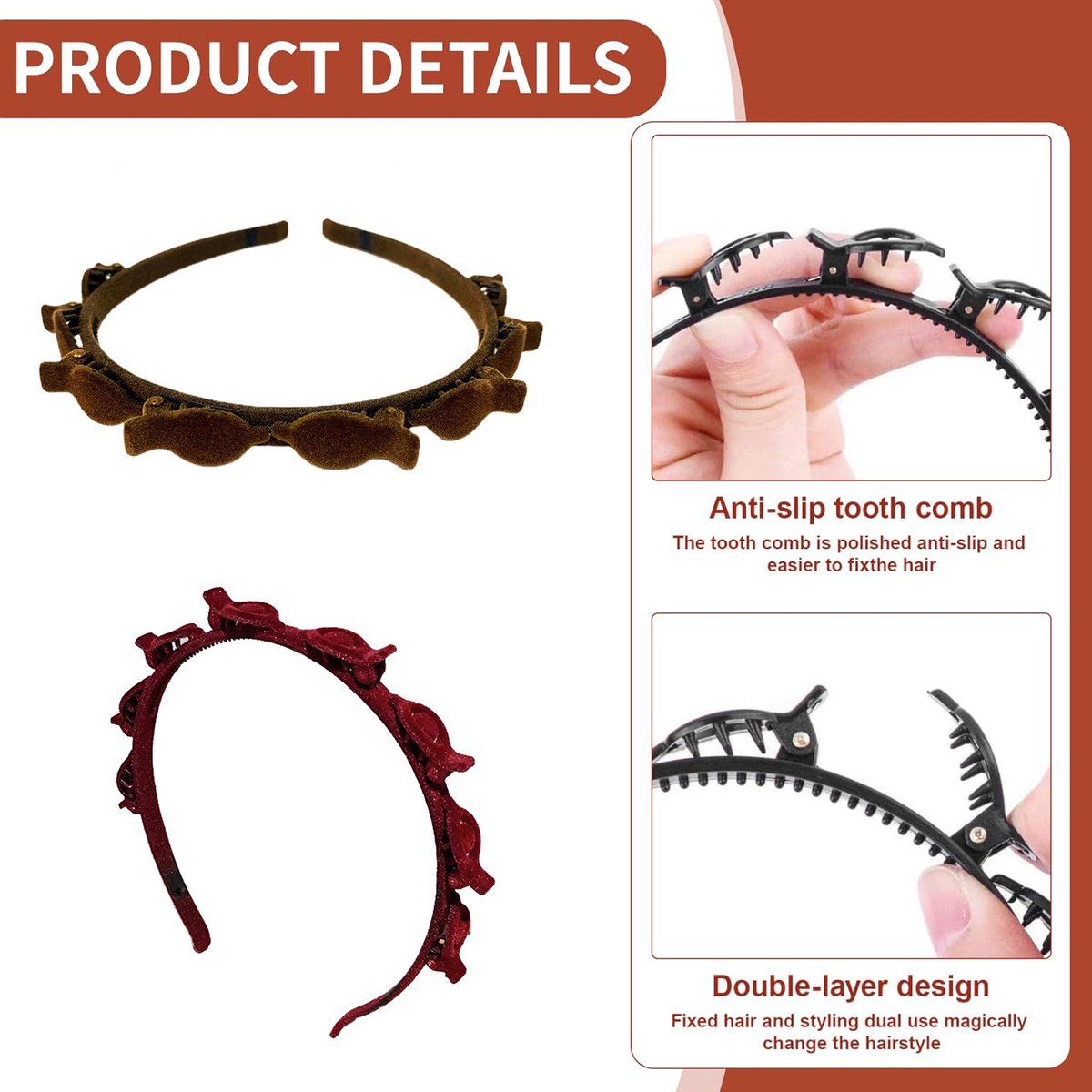 3-Piece Hairband with Clip - Tiara - Double-Layered Twist Braid Headband/Hairband/Tiara with Clips - Tiara with Hairpin - Hair Accessories - Elegant Headband — image 5