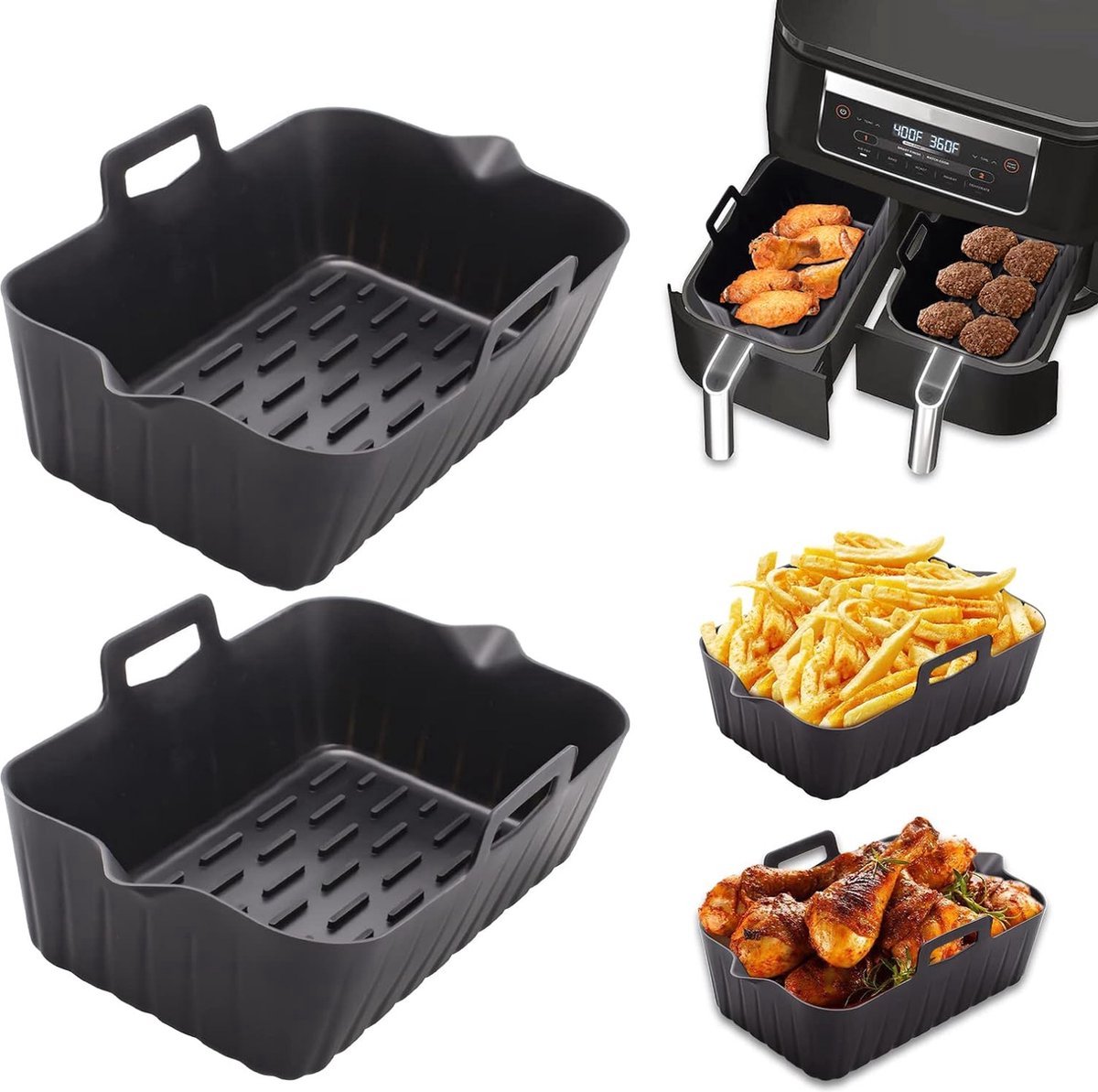2 Airfryer Silicone Trays - Airfryer Accessories - BPA Free - Baking Paper Alternative - Airfryer Trays - Airfryer Liner - Rectangular - Airfryer Silicone