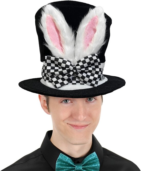 Easter Bunny Top Hat – White Rabbit & Black Plush Hat – Costume accessory for Easter, Halloween and theme parties — image 2