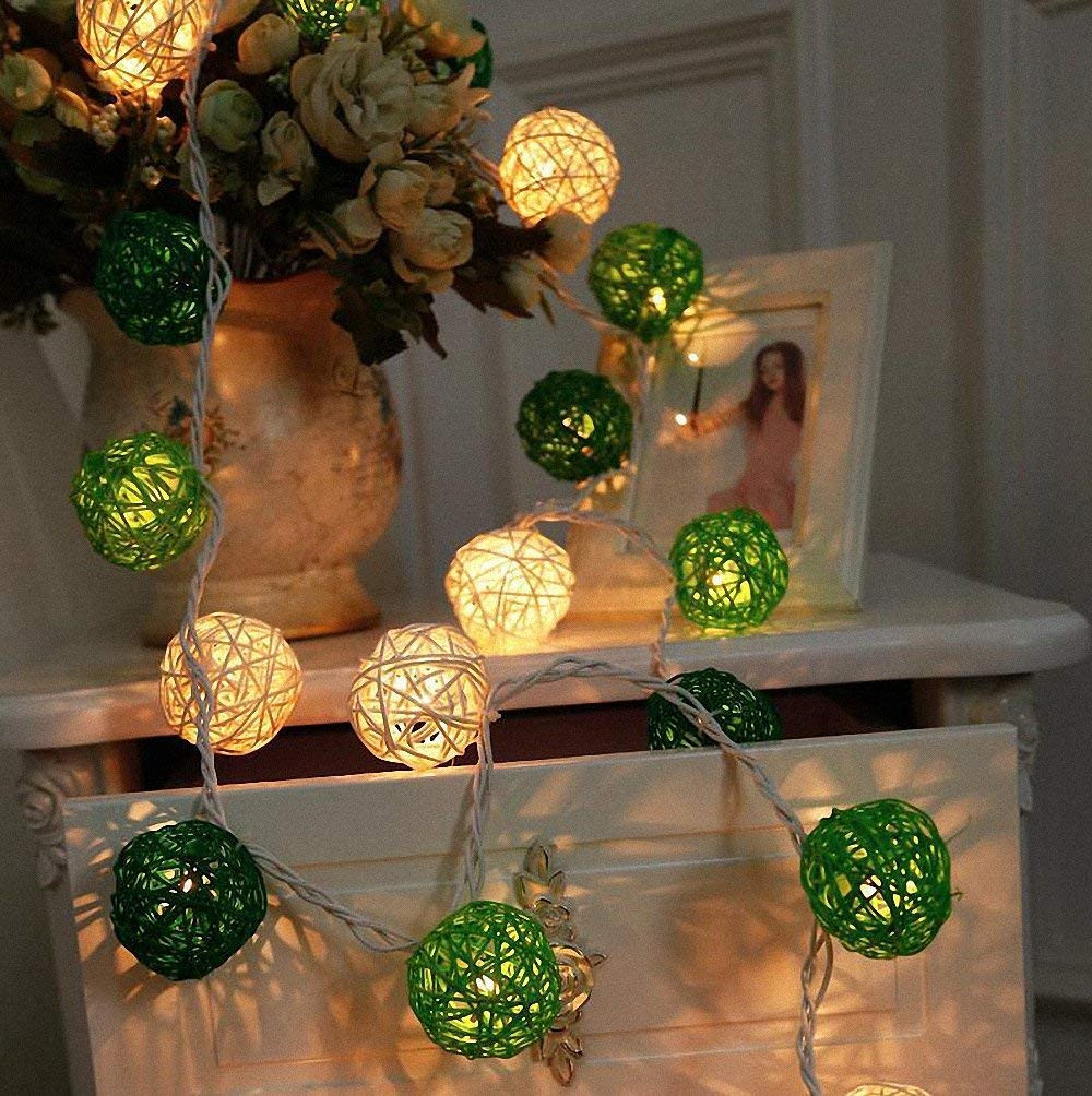 1 Set of Green n White 5cm Rattan Cane 50 Ball Battery Powered LONG 5m String Lights Christmas Gift Home Wedding Party Bedroom Decoration Table Centrepiece โ image 6
