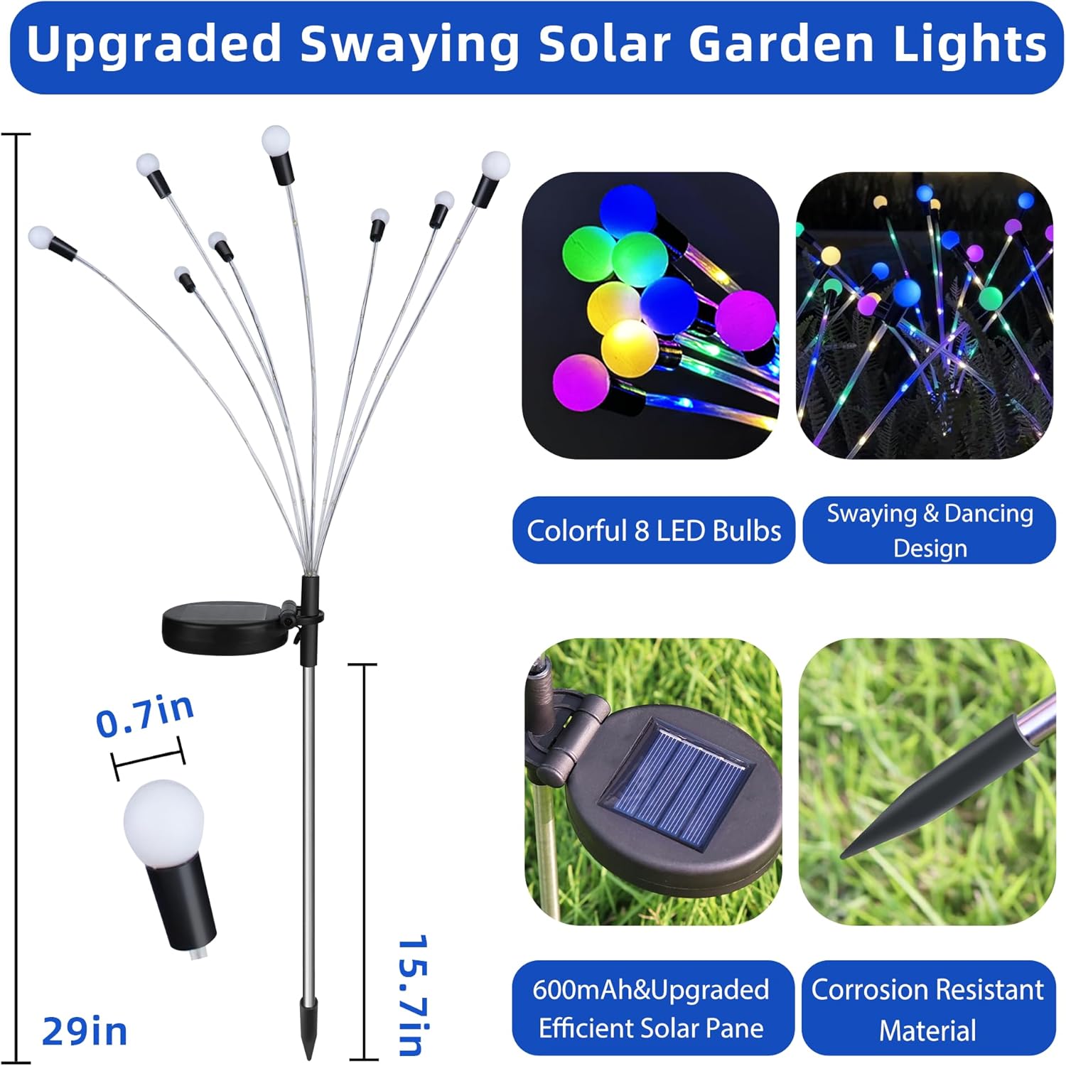 Solar garden lights, Christmas decoration, solar-powered fairy-tale outdoor lights, waterproof, 1-pack, 8 LEDs that move in the wind, dancing fireflies as — image 3