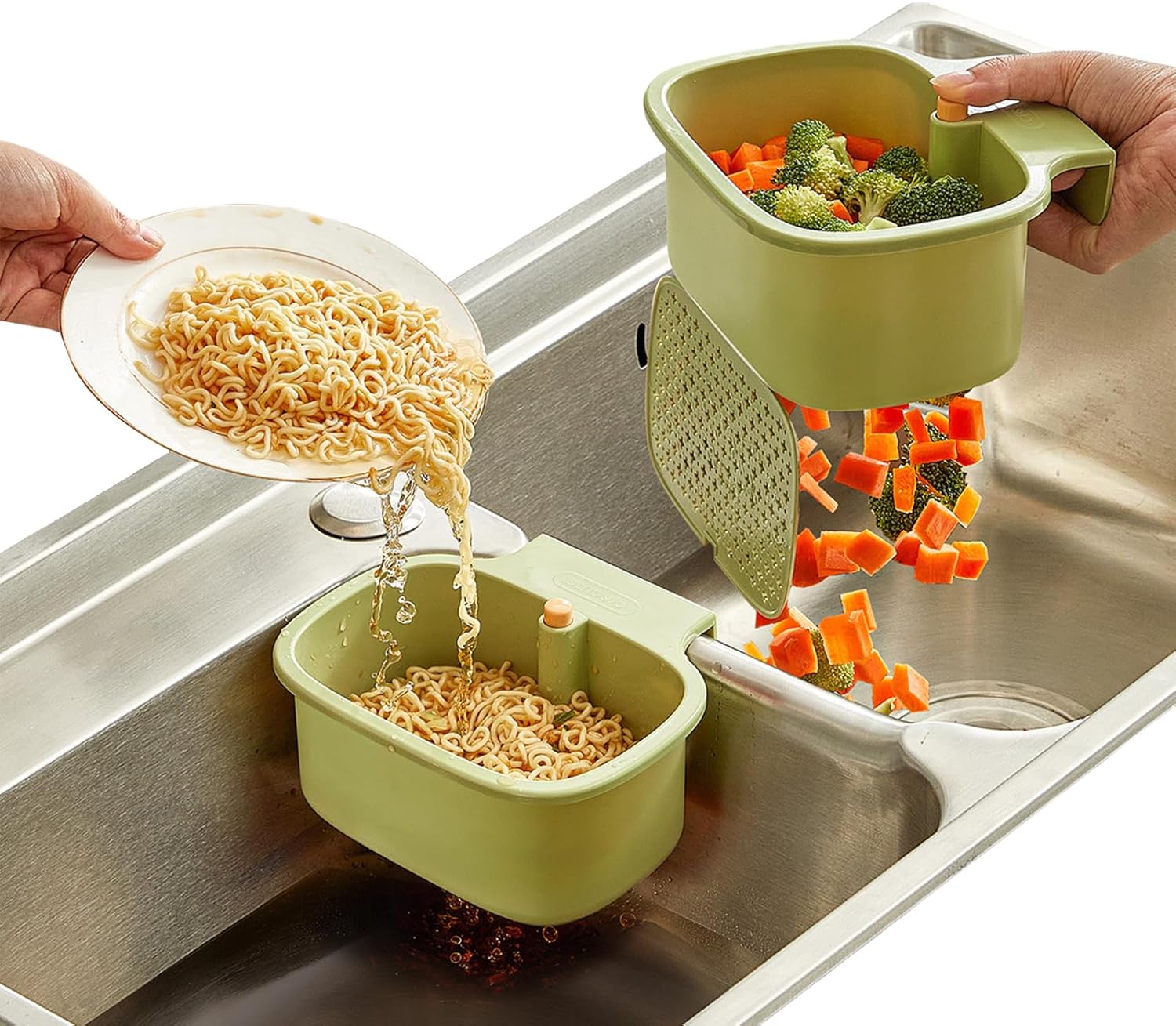 Green Multi-Functional Hanging Food Strainer for Sinks One Touch Release Screen Auto-Dump Kitchen Waste Filter Fruit Vegetable Washer — image 4