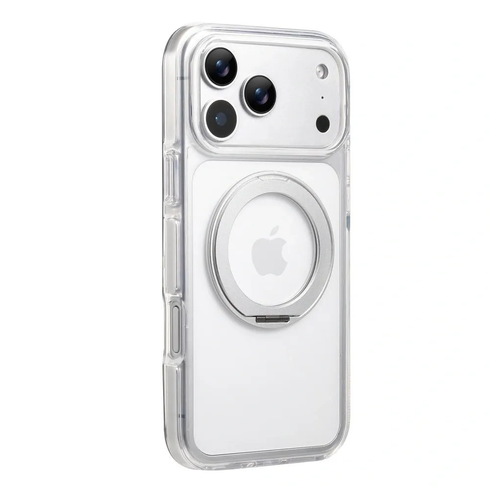 Clear MagSafe iPhone 17 Pro Max Case with 360° Rotating Ring Stand - Silver Edition