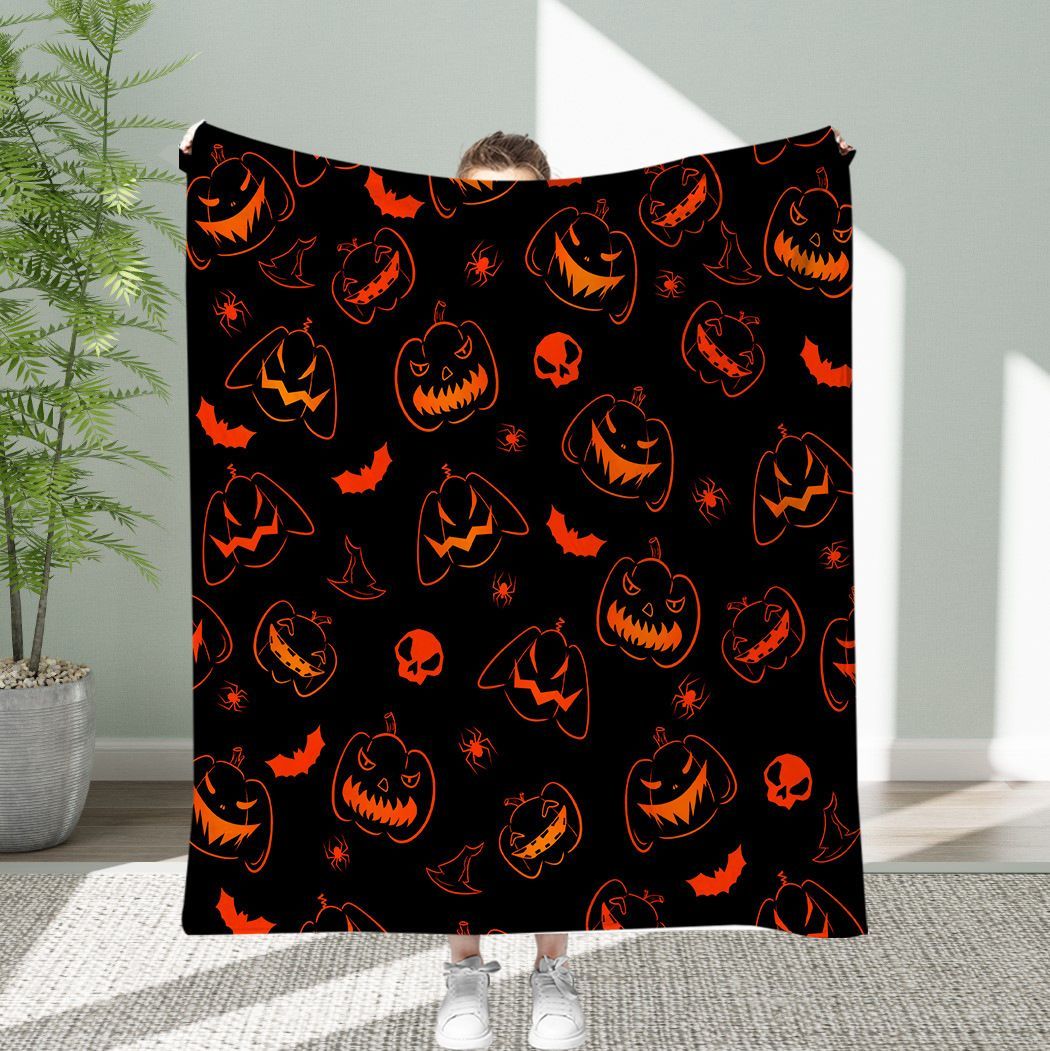 Halloween Throw Blanket Cozy Microfiber Blanket Soft Flannel Throw Festive Home Pumpkin Spider and bat - Black - Size 100cm*150cm