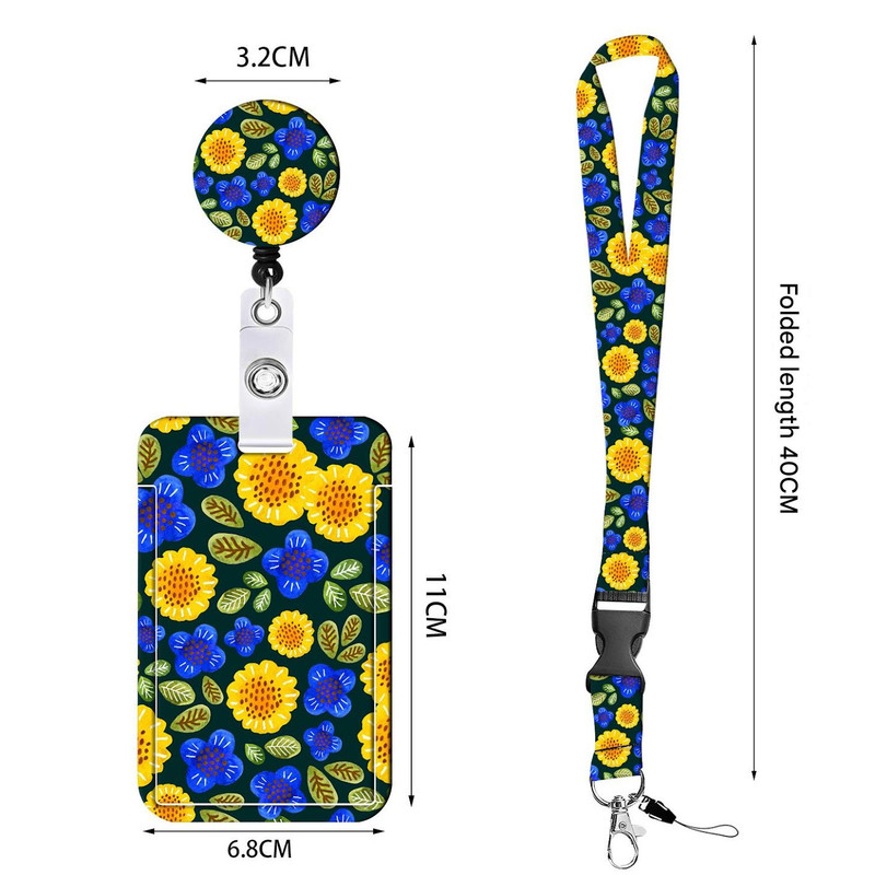 2-pcs Retractable ID Badge Reel Lanyard Set with Vertical Hard Plastic Card Holder - Blue flowers and plants (Style 4) — image 4