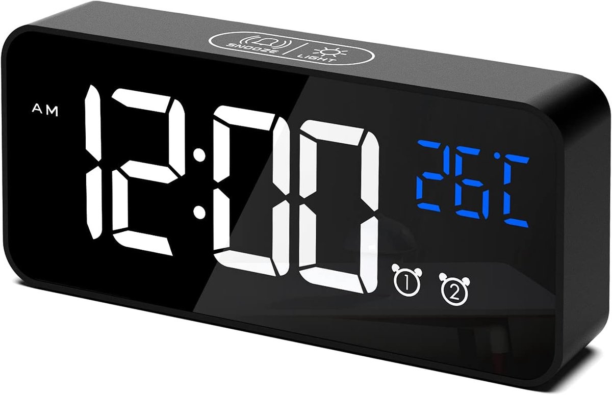 Digital alarm clock, LED digital clock with temperature display, portable mirror alarm clock, 13 alarm tones, USB rechargeable, 4 brightness settings and