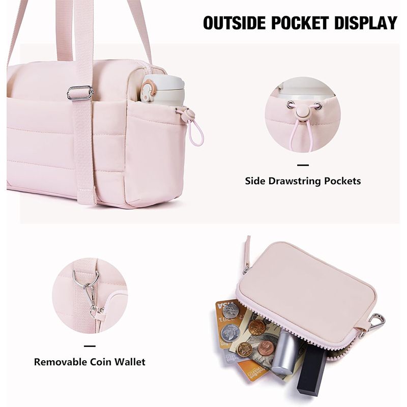 Pink Women’s Fluffy Nylon Gym Travel Tote Bag and Coin Purse Set - Side Drawstring Cup Holder, Front / Back Zipper Pockets and Wet & Dry Separation, Large — image 3
