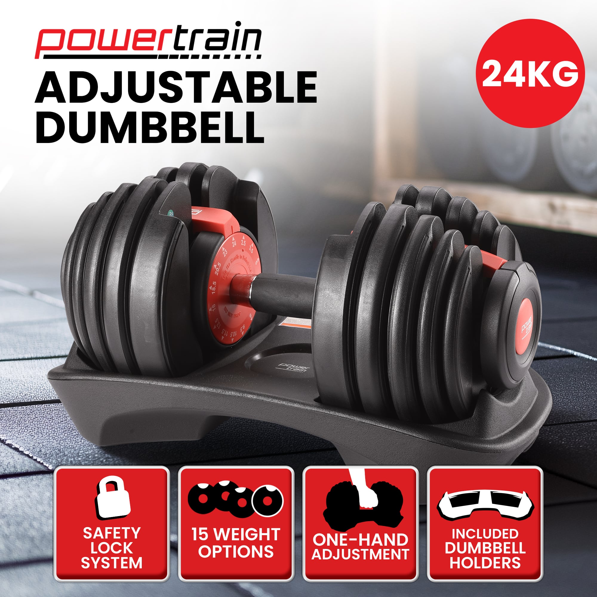 Powertrain 24kg Adjustable Dumbbell Home Gym Exercise Weights Free Workout Red — image 2
