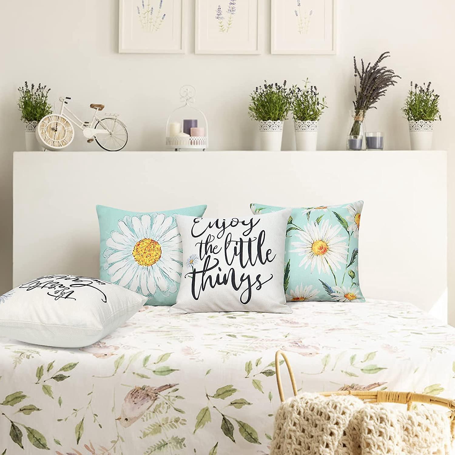 Cushion Cover Set of 4 45 × 45 cm Daisy Cotton Decorative Cushions Compatible with Modern Garden Living Room Bedroom Decor — image 4