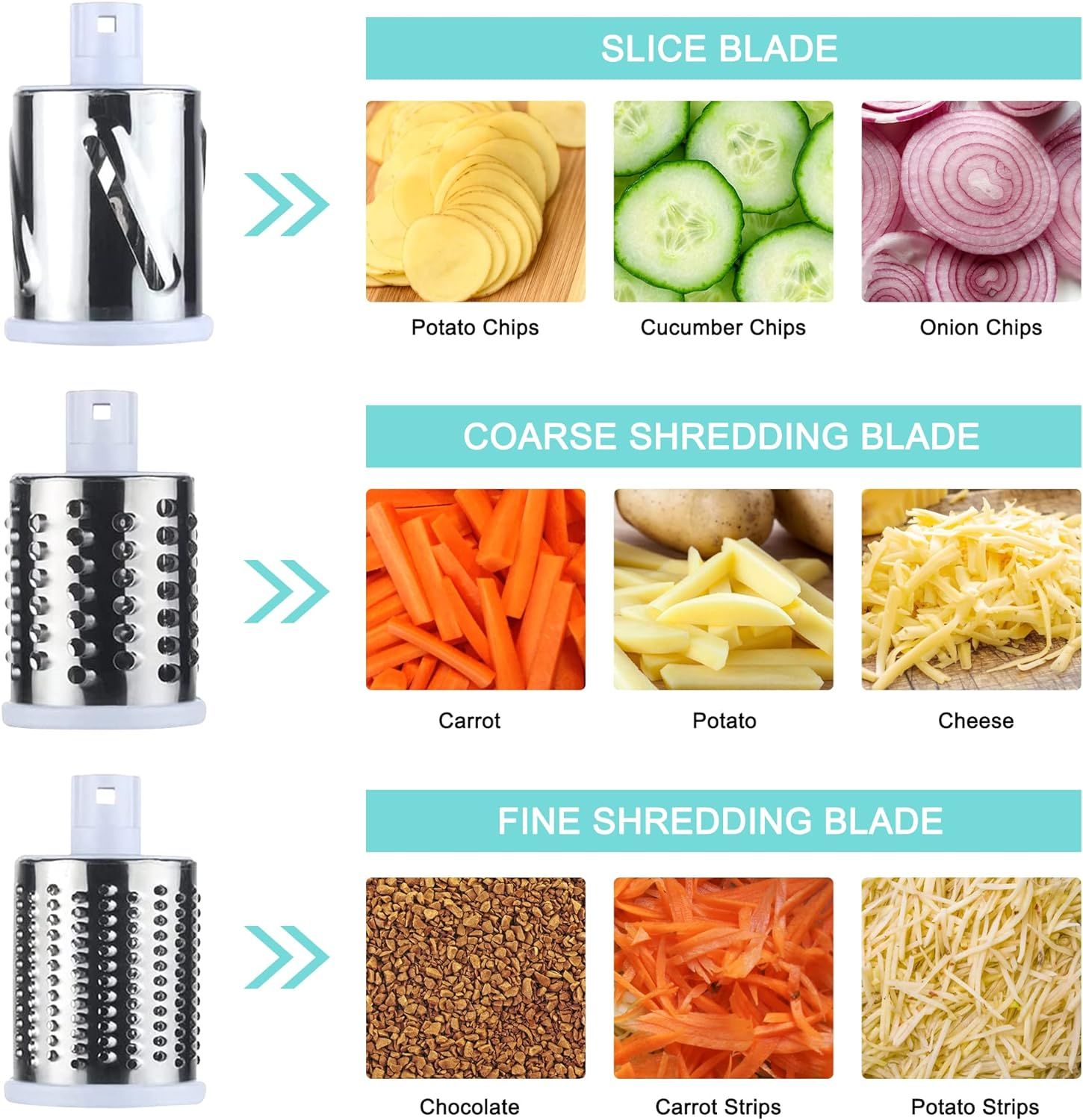 3rd Generation Rotary Cheese Grater, Vegetable Slicer with 3 Replacement Blades, Easy to Clean Rotary Shredder for Fruit