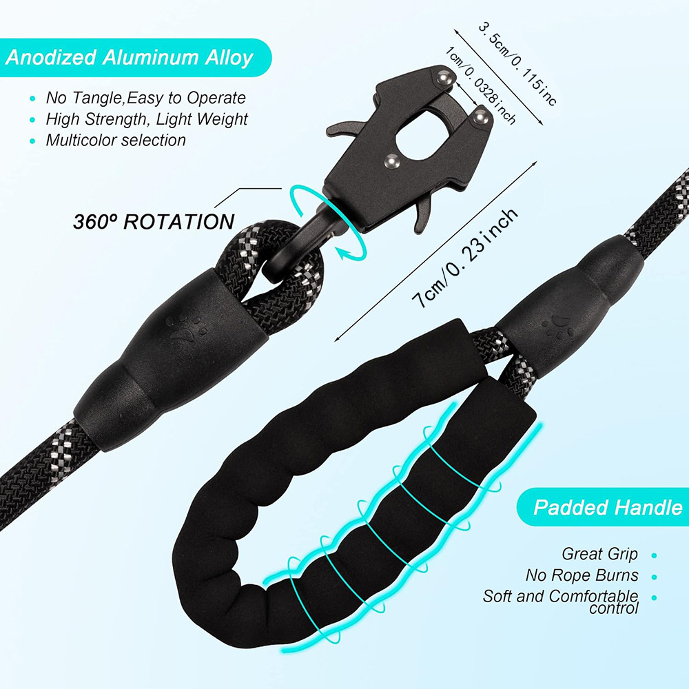 Dark Blue High Strength Nylon Rope Dog Leash | 1.5M Heavy Duty Lead with Anodized Frog Clip | Padded Comfort Handle for Training โ image 2